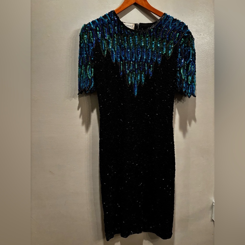 Vintage 100% silk beaded Elegant Black and Blue Sequin Dress stenay size 8 - Picture 15 of 16